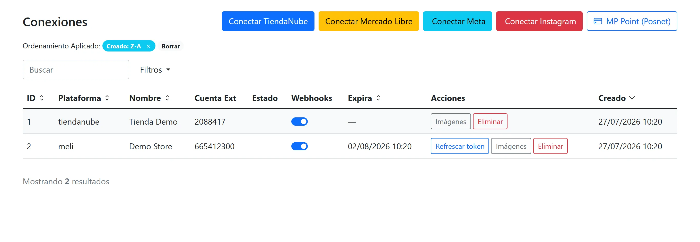 Conexiones de EmprendERP con Tiendanube y Mercado Libre, con estado de webhooks y vencimiento de tokens